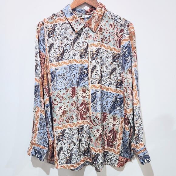 Rose + Olive Multi Color Paisley Floral Patchwork Button Up Blouse Size XL Boho - Picture 1 of 11